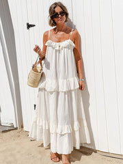 Lunivop Ruffle Pleated Sling Midi Dress Women Elegant Sleeveless Backless Loose Robes 2025 Summer Female Vacation Beach Party Long Dress