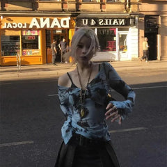 Lunivop Fake Two Piece T-shirt for Women Vintage Tie-dye Mesh Long Sleeve Tops Mujer Summer New Slim Fit Sun Protection Tees