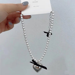 Lunivop New Trendy Simple Black Ribbon Bow Silver Heart Pendant Pearl Necklace for Women Niche Design Imitation Pearl Party Jewelry