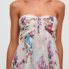 Lunivop Floral Print Strapless Mini Chiffon Dress Women Ruffles Hem Party Irregular Frilled Elastic Bandage Backless Holiday Dress