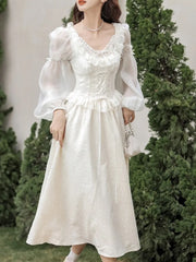 Lunivop French Fairy Lantern Sleeve Midi Dress for Women Summer Elegant Retro Slim Sweet Party One Piece Dress Korean Casual Clothes