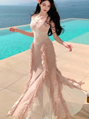 Lunivop Sexy Spaghetti Strap Ruffle Slim Evening Long Dresses Elegant Fairy Beach Woman Clothing Summer Holiday Vestidos Cocktail Robe