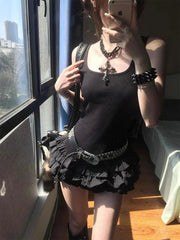 Lunivop Y2k Black Square Neck Sexy Dress for Women Summer Slim Waist Ruched Cake Dresses 2025 New Sleeveless Vestidos De Mujer