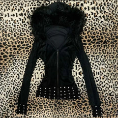 Lunivop Women Edgy Collarless Slim Fit Long Sleeve Solid Color Medium Weight Jacket with Faux Fur Trim Zipper Front and Studded Detail