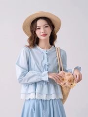 Lunivop Cute Bow Sweet Shirts Women Korean Fashion Lace Patchwork Blue Blouse Preppy Style Casual Elegant Female Long Sleeve Tops