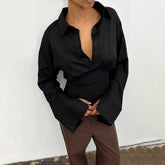 Lunivop Light Mature Style Commuting Pleated Turn-Down Collar Satin Shirts French Temperament Autumn Long Sleeve Single Breasted To