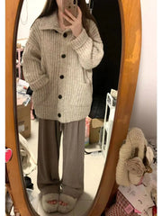 Lunivop Slouchy Knit Cardigan for Women Rib-knit Pockets Front High Neck Button Up Sweater Jacket Coat Female Autumn Winter Basic Outfit