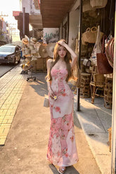 Lunivop Summer Floral Boho Dress Women Sleeveless Slim Fit Party Midi Dress Mesh Patchwork Long Bodycon Elegant Beach Holiday Dress