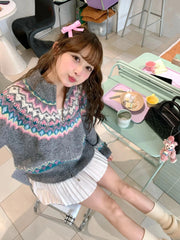 Lunivop Women Fair Isle Sweater Cardigan Cute Pink Cozy Chunky Knit Collared Zip-up Sweater Jacket Teen-girl Fall Winter 90s Outfit