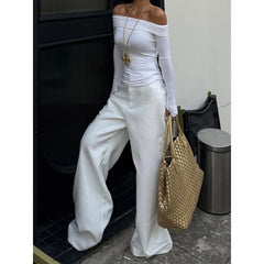 Lunivop Spring Casual High Waist Oversized Wide Leg Pants Women's Solid Color Fashion Loose Fit Soft Full Length White Trousers