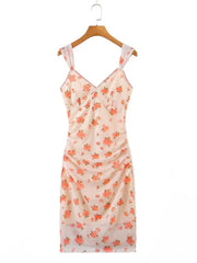 Lunivop Sexy Small Flower Print Deep V neck Mesh Sling Dress Woman Ruched Package Hips Spaghetti Strap Mini Party Dresses Bodycon