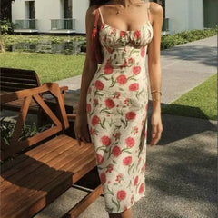 Lunivop Summer Beige Rose Flower Print Backless Sling Dress Holiday Woman Adjust Spaghetti Strap Dresses Beach Holiday Robe Vestidos