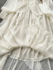 Lunivop Chic Fashion Women Gentle Elegant V Neck Slim Ruffled Chiffon Dresses Spring Solid Long Sleeve Vintage