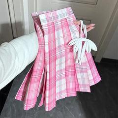 Lunivop Y2k Sweet White Pink Plaid JK Skirt for Women Preppy Style A-line Pleated Skirts Summer New High Waist Faldas Mujer