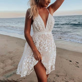 Lunivop Women Elegant Embroidery V Neck White Dress Summer Beach Slim Lace Dress Backless Casual A-line Sleeveless Sexy Dress