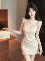 Lunivop Women Dress Sleeveless Lace Patchwork Slash Neck Slim Elegant French Style Chic Party Mini Dresses Female Fashion