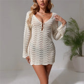 Lunivop Long Sleeve Hollow Out V Neck Crochet Knitted Tunic Beach Cover Up Cover-ups Beach Dress Beach Wear Beachwear Female Women