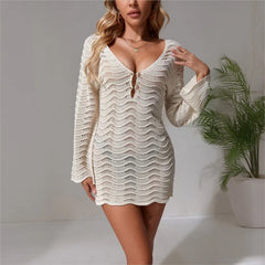 Lunivop Long Sleeve Hollow Out V Neck Crochet Knitted Tunic Beach Cover Up Cover-ups Beach Dress Beach Wear Beachwear Female Women