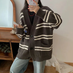 Lunivop Women Cardigan Sweater Striped V-neck Button-up Sweater Jacket Comfy Cozy Slouchy Cardi Autumn Winter Casual Outfit