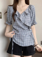 Lunivop Ruffles Vintage Plaid Blouse Women Causal Sweet Slim Short Sleeve Shirt Korean Retro Female Lace Up Elegant Design Tops New