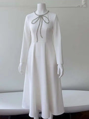 Lunivop Fashion Elegant Formal Dresses For Women Spliced Diamonds O Neck Long Sleeve High Waist Dress New Clothing