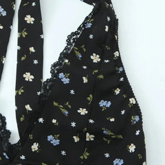 Lunivop Sexy Black Floral Print Spliced Lace Bow Halter V Collar Backless Mini Dress Women Elastic Zipper Back A-line Short Robe Holiday