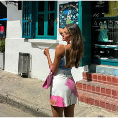 Lunivop Fashion Flower Printed Women Mini Dress Elegant U-neck Backless Bodycon Dresses Summer Lady Chic Beach Vacation Robes 2024