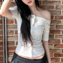 Lunivop Vintage Fake Two Piece Buttoned Cardigan T-shirts Y2k Slim Floral Print Tops Women Off Shoulder Short Sleeve Tee Shirt