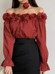 Lunivop 3D Floral Off Shoulder Red Blouse Women Elegant Long Sleeve Sexy Shirt Vintage Casual French Fall Female Single Breasted Tops