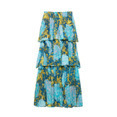 Lunivop Women Floral Print Elastic Slash Collar 3 Layers Ruffles Strapless Dress Holiday Midi Long Tube Top Dresses Beach Robe