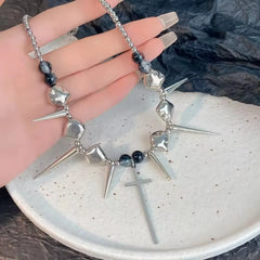 Lunivop Retro Y2K Long Spike Rivet Necklace Stainless Steel Cross Hip Hop Necklace for Women Vintage Grunge Style Party Jewelry