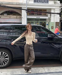 Lunivop Letter Double Zippers Camisetas Crop Tops Long Sleeve High Waist Korean Slim Fit Tshirts Skinny V Neck Casual Women Tees