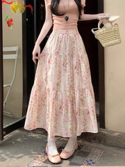 Lunivop Cute Floral Long Skirts Women Elegant High Waist Retro Sweet Skirt Japan Casual Loose All Match Spring Summer Kawaii Skirt