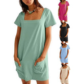 Lunivop Women's Fashion Dress Loose Waist, Summer Short-sleeved Square Neck Pocket Casual Dress