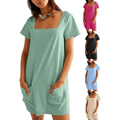 Lunivop Women's Fashion Dress Loose Waist, Summer Short-sleeved Square Neck Pocket Casual Dress