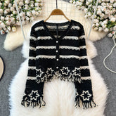 Lunivop Embroidery Floral Crochet Knit Top with Tassel Long Sleeve Button-down Open-knit Cardigan Sweater Women Teen-girl Cute Outfit
