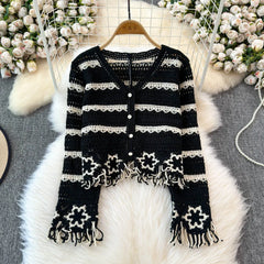 Lunivop Embroidery Floral Crochet Knit Top with Tassel Long Sleeve Button-down Open-knit Cardigan Sweater Women Teen-girl Cute Outfit