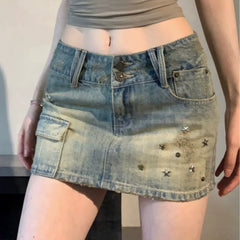 Lunivop American Vintage Star Rivet Denim Skirts High Waist Slim Package Hip Mini Jupe Trend Y2k Faldas Mujer Summer New Clothes