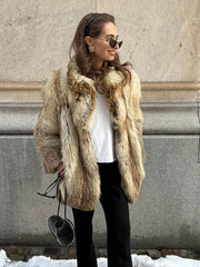 Lunivop Vintage Turn-down Collar Faux Fur Women Casual Thickened Long Sleeved Coats Female Autumn Winter Chic Soft Outwears With Pockets