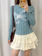 Lunivop Korean Style Y2k Knitted Pullover Women Bow Lace Long Sleeve Sweaters Harajuku Vintage Patchwork Knitwear Pullovers