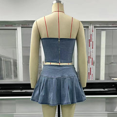 Lunivop Vacation Outfits Women Denim Skirt Sets Summer New Strapless Crop Tops Y2k Clothes Two Piece Sets Sexy Pleated Skirt New