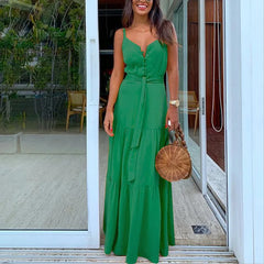 Lunivop Woman Summer Style Spaghetti Strap Long Dress Lady Sleeveless Backless V-Neck Solid Color with Waist Slash Sundress