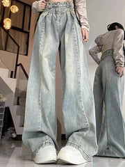 Lunivop Women Korean Pleated Jeans Girls High Waist Washed Wide Leg Pants Lady Fashion Loose Retro Blue Light Blue Denim Trousers