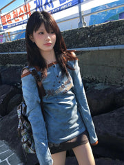 Lunivop Y2k Aesthetic Vintage Letter Printing Tees Streetwear Casual Patchwork Slash Neck Tshirts Women Harajuku Grunge Bottoming Tops