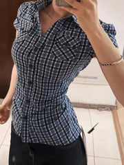 Lunivop Vintage Slim Plaid Shirt Women Casual Pockets Short Sleeve Y2K Blouse Summer American Harajuku Retro Female Streetwear Tops