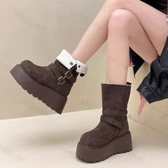 Lunivop New Winter Platform Flats Women Warm Plush Mid Calf Boots Fashion Belt Buckle Shoes Concise Cotton Short Botas De Mujer