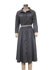 Lunivop Elegant Blue Stripe Skirt Sets for Women 2 Pieces Fashion Long Sleeve Button Short Shirt and High Waist Pleated Skirts