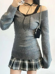Lunivop Lazy Retro V-neck Off Shoulder Sweater for Women Autumn Winter New Knitted Tops Mujer Y2k Slim Fit Long Sleeve Pullovers