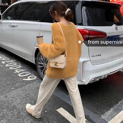 Lunivop Fuzzy Mohair Knit Sweater Pullover Women Cozy Long Sleeve V-Neck Plain Jumper Soft Knitwear Teen-girl Fall Winter Casual Outfit