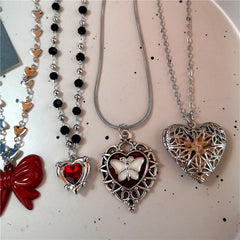 Lunivop Y2K Red Glass Crystal Heart Metal Bowknot Pendant Chain Necklace Women Gothic Harajuku Retro Jewelry Accessories Christmas Gift